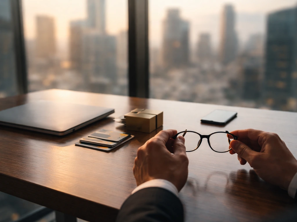 Minimal tech entrepreneur office scene with a laptop and subtle wealth symbolism