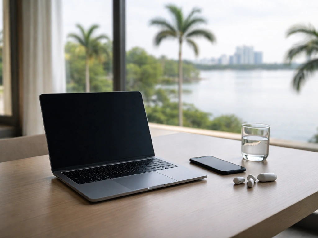 Minimal tech office desk with laptop and phone by sunlit window, symbolizing tech leadership and investing.