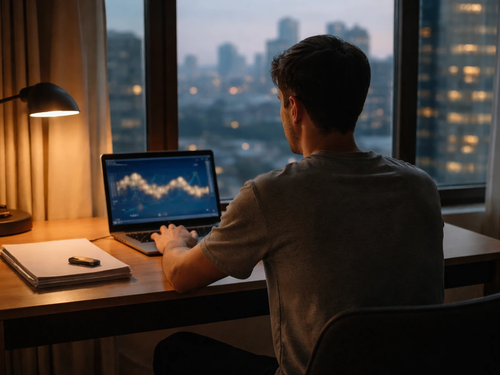 Tech founder in a quiet home office reviewing a laptop with a subtle cash and equity vibe