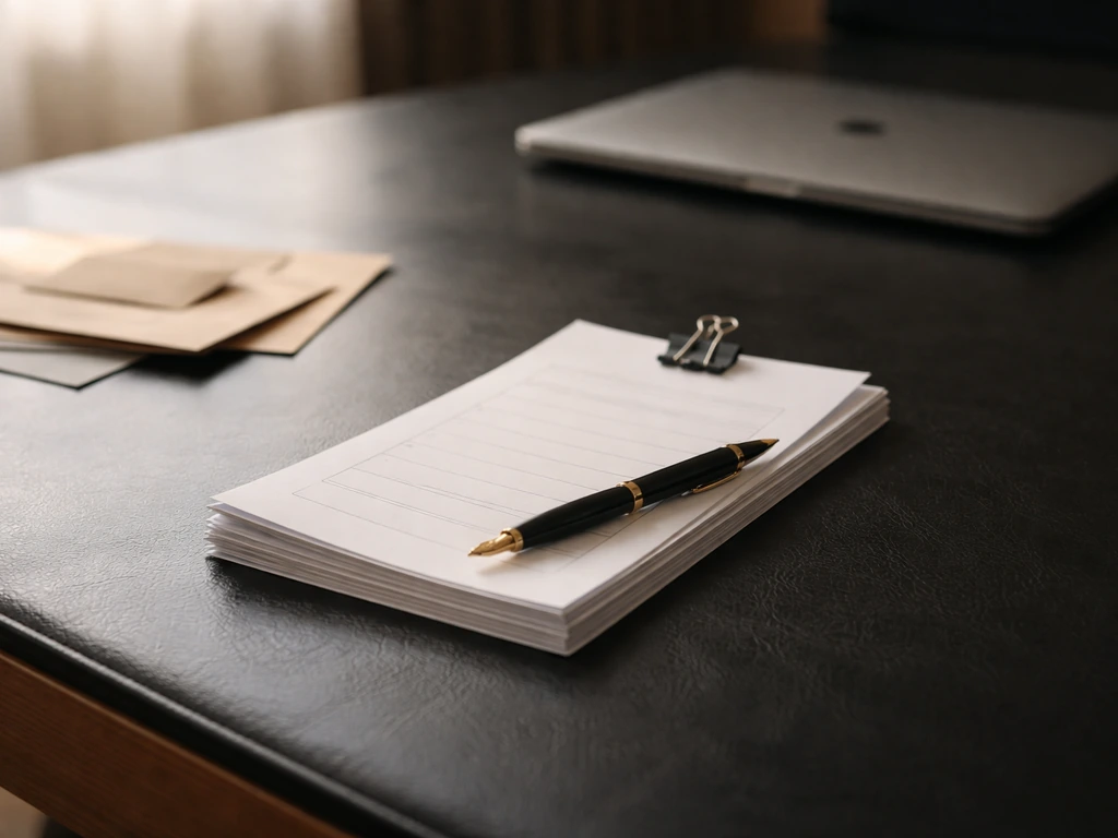 Minimal executive desk with blank paperwork, pen, and closed laptop suggesting compensation components.
