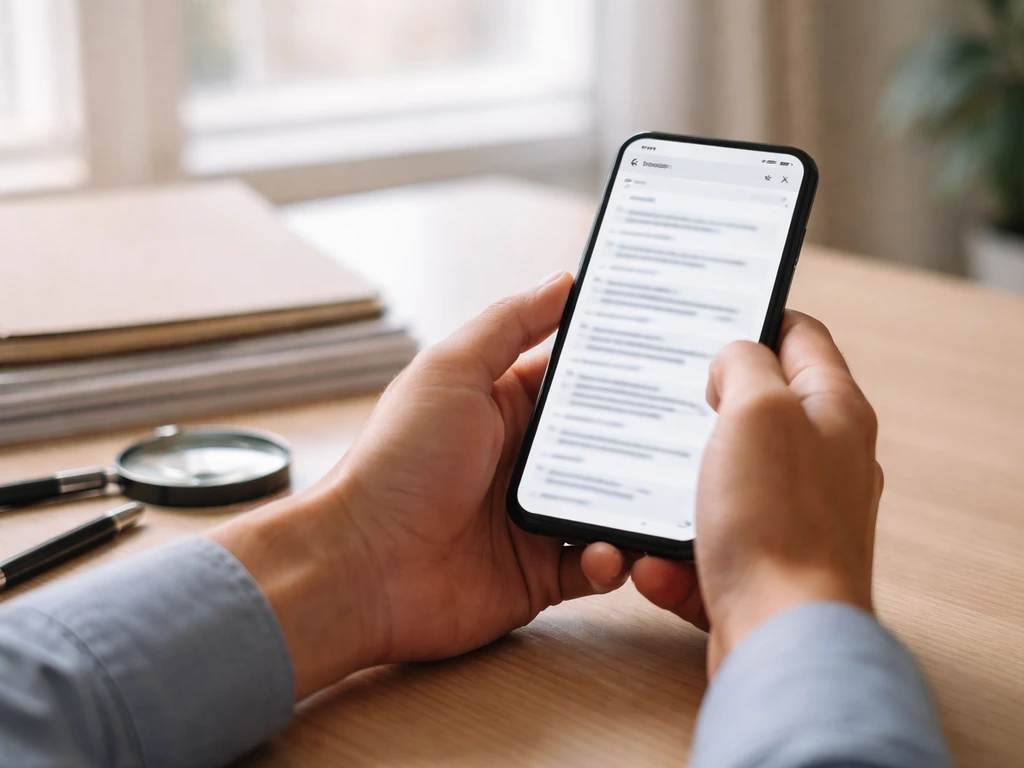 Hands using a smartphone to verify documents next to annual reports and a magnifying glass.