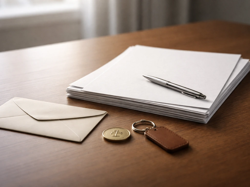 Minimal desk scene with generic compensation papers, pen, envelope, and small coin symbolizing incentives.