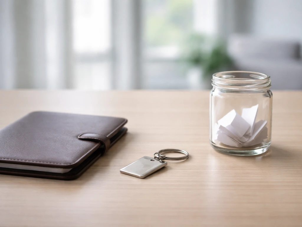Minimal desk scene with a contract folder, metal keychain, and glass container symbolizing incentives.