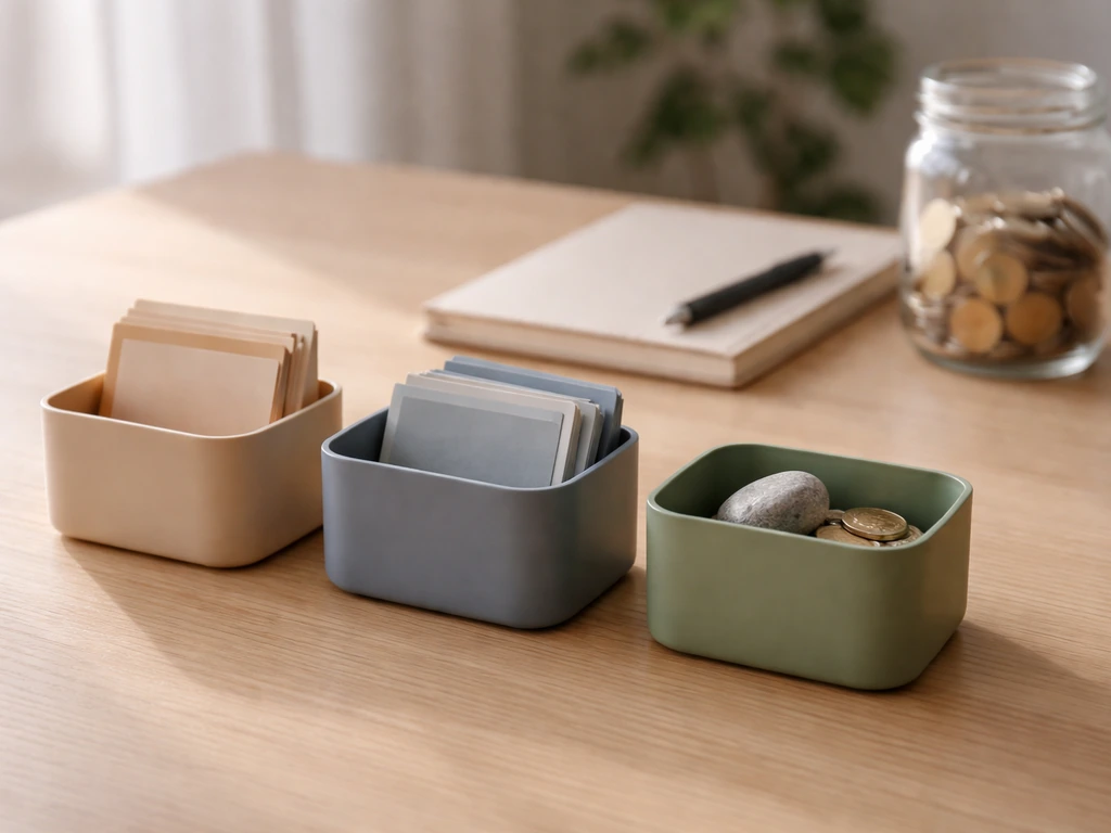 Minimal desk with three color-coded asset containers and coins/stone symbolizing diversified investments.