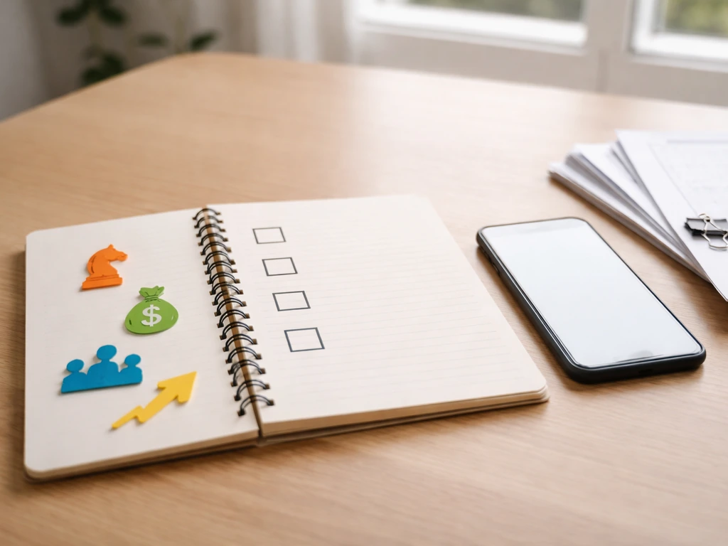 Minimal desk scene with business checklist icons for leadership, disclosure, board roles, and market changes