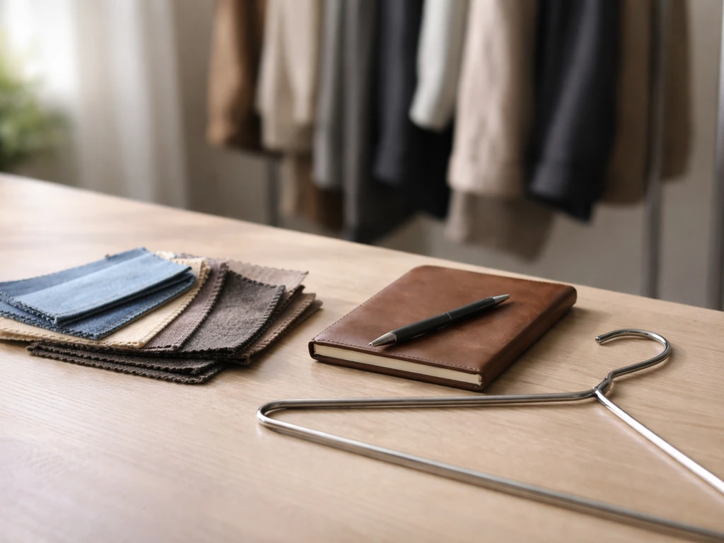 Stylish fashion studio desk with clothing fabric swatches and a sleek pen beside a branded hanger placeholder