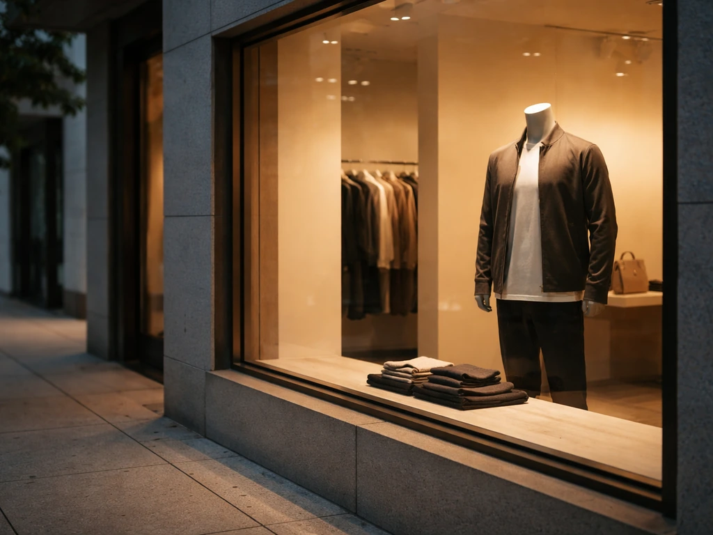 Minimal photo of a Rag & Bone–style fashion storefront window with a mannequin and subtle luxury ambiance