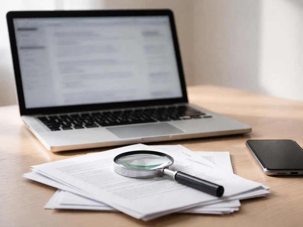 Minimal desk with documents and a magnifying glass beside a laptop, symbolizing verification of public business info.