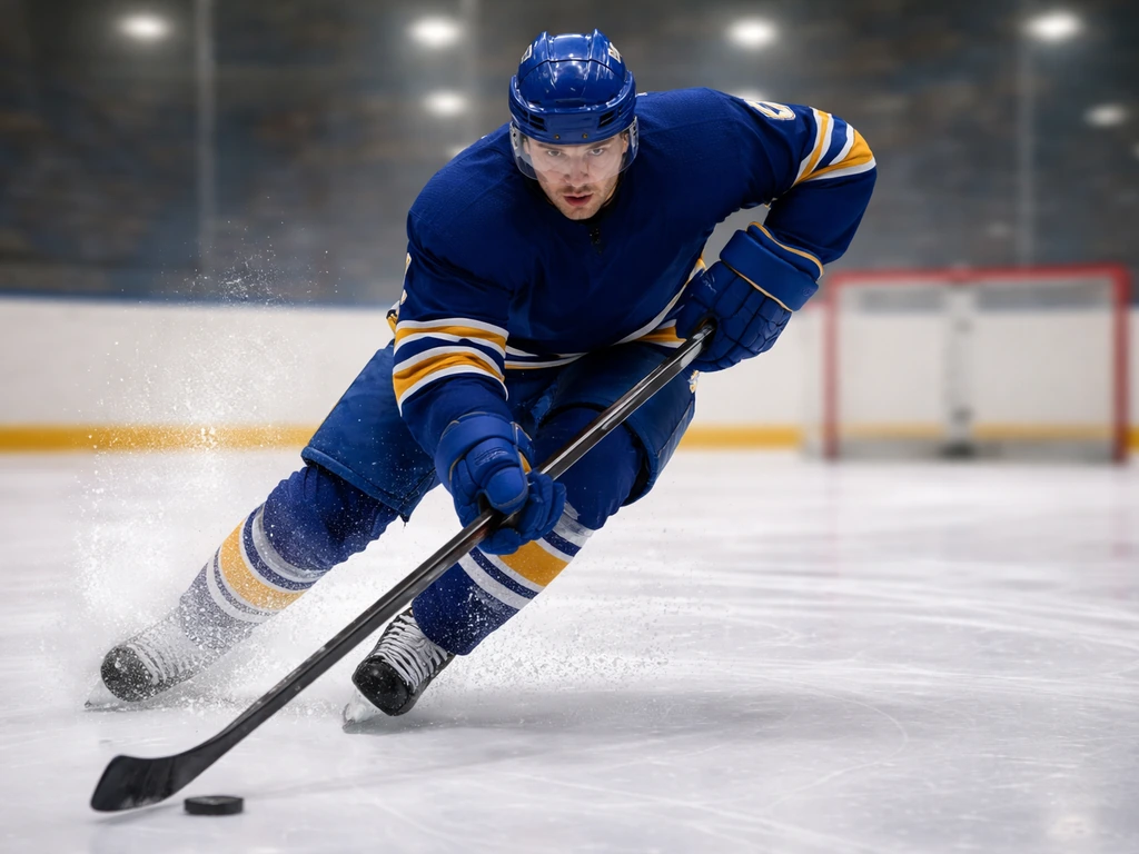 Anonymous Sabres-style defenseman skating toward camera on ice during an NHL game.
