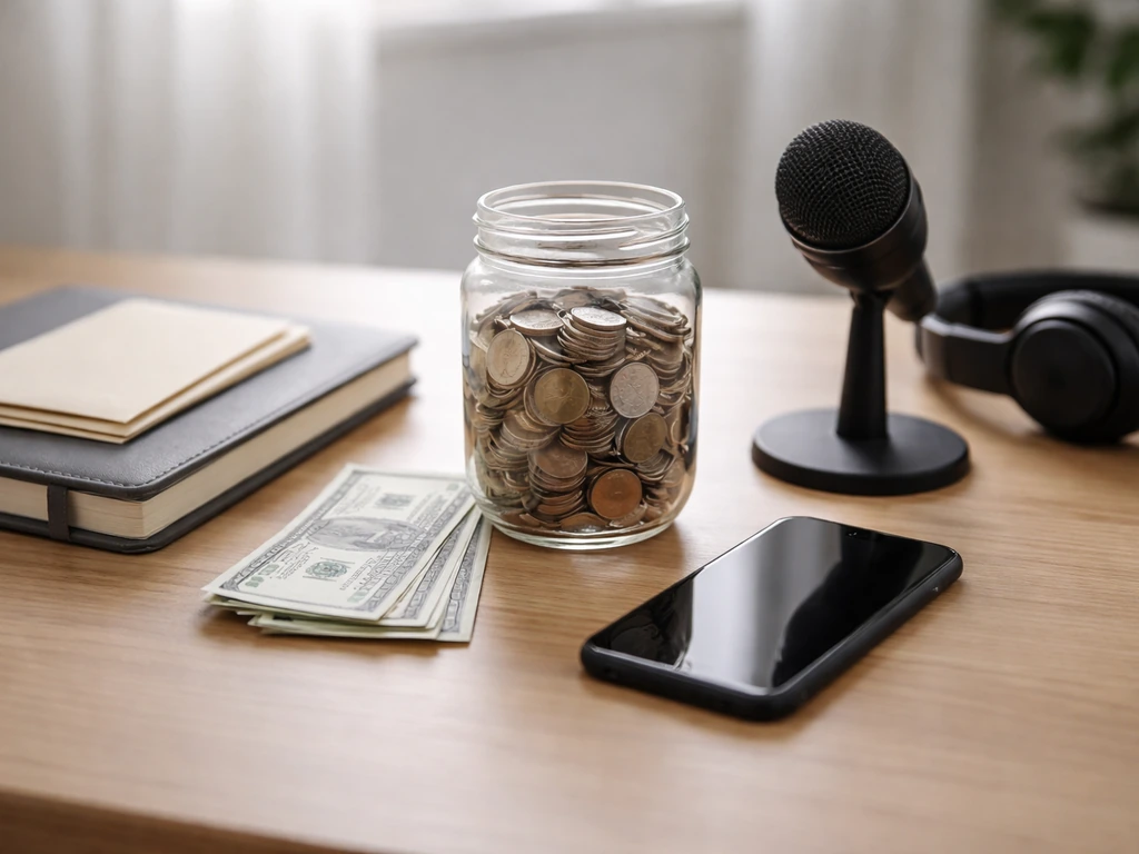 Minimal desk scene with coins, banknotes, contract envelopes, and a microphone suggesting income components.