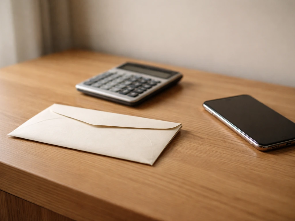 Minimal photo of a neatly arranged cash envelope, calculator, and smartphone on a desk symbolizing take-home vs earnings