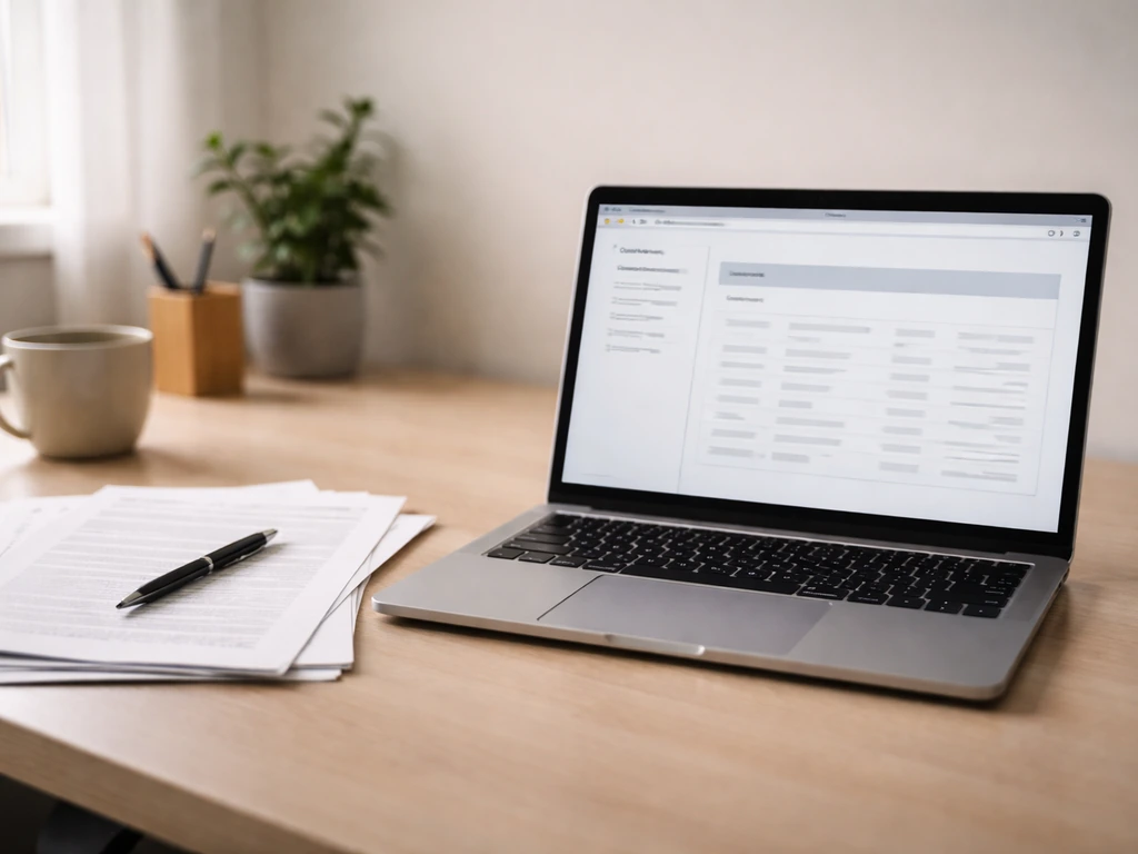 Minimal office scene with a laptop and paperwork suggesting verifying an NHL contract estimate.