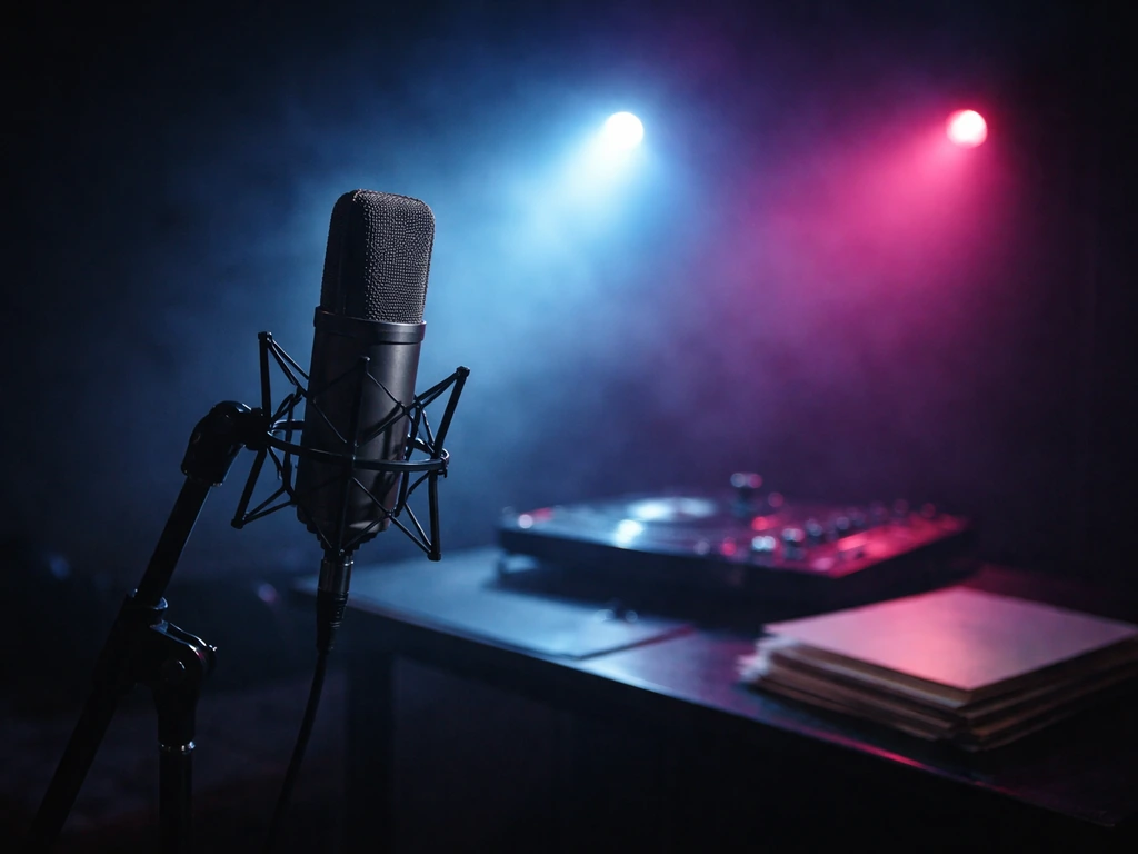 Close-up of a studio microphone under vivid stage lights, evoking music, media, and finance themes.