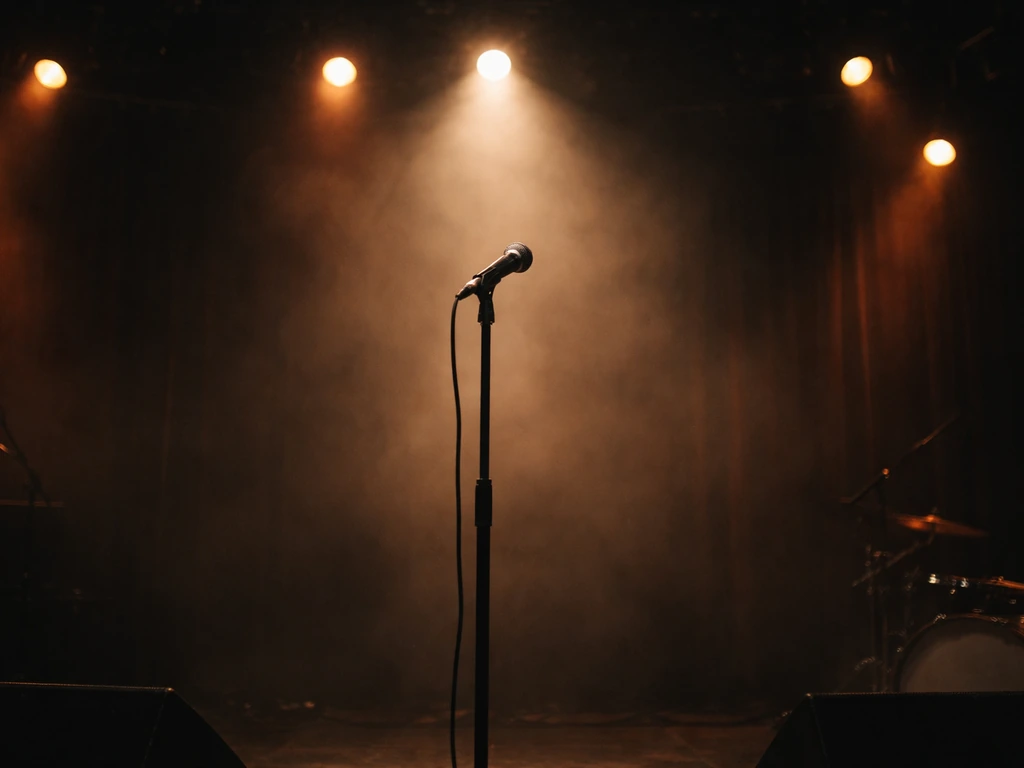 Live music stage spotlight over an unbranded microphone stand, suggesting a performer’s active career
