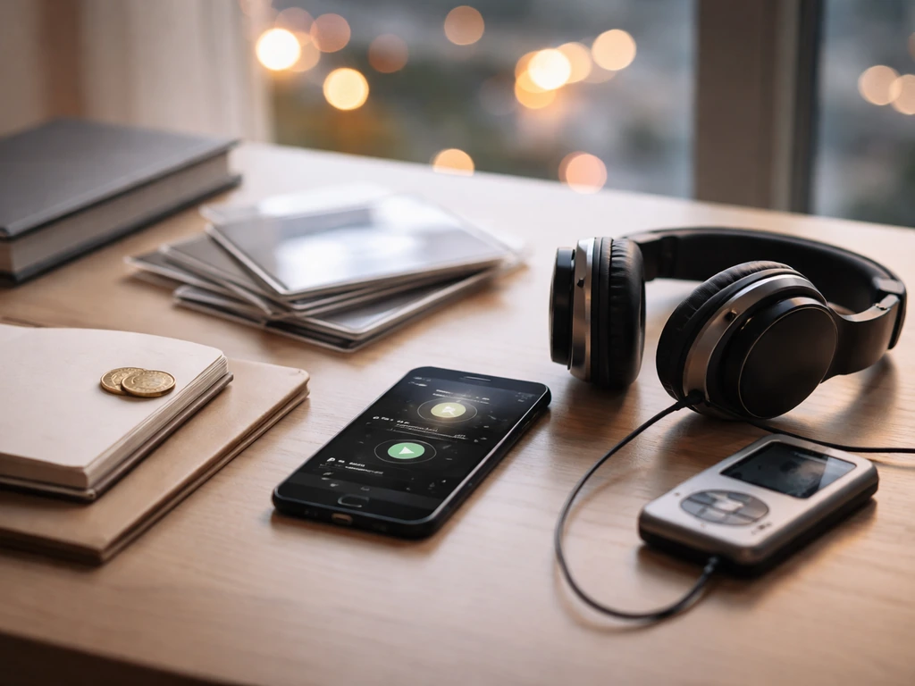 Smartphone, headphones, and blank media sleeves on a desk symbolizing streaming and digital royalties.