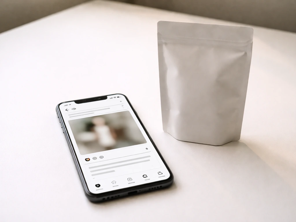 Smartphone with a generic social post preview and a blank product package on a clean desk.