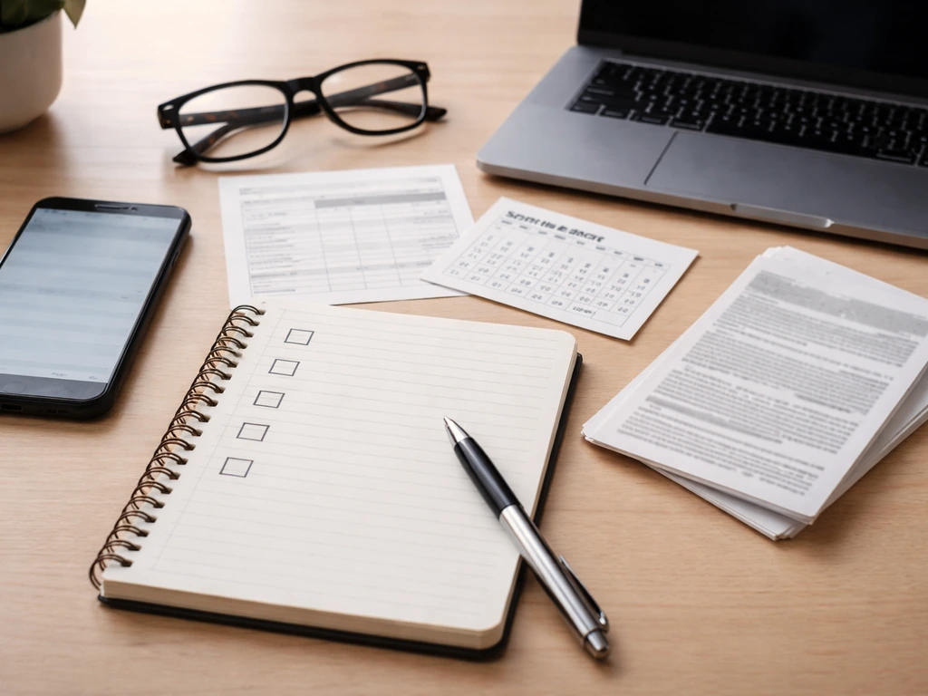 Anonymous desk with checklist notebook, pen, and source documents showing how to verify an estimate.