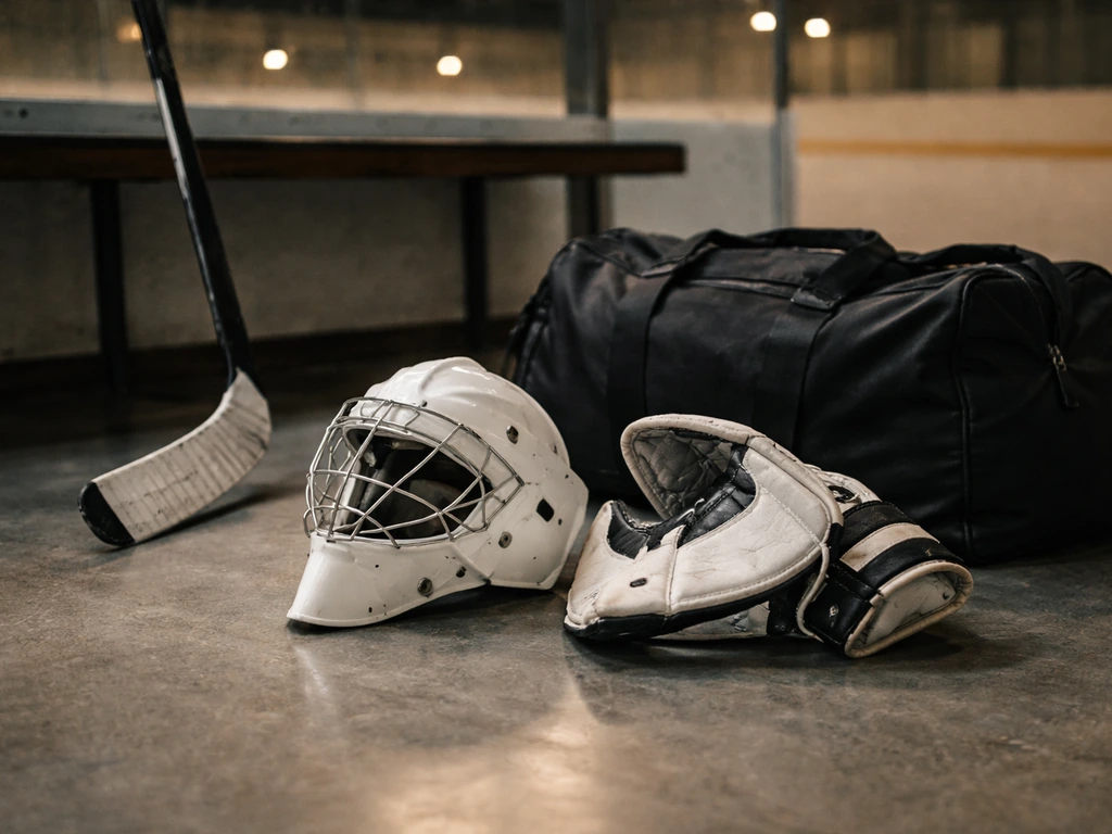 Hockey goalie equipment on a rink floor with a duffel bag, symbolic of wealth and net-worth context.