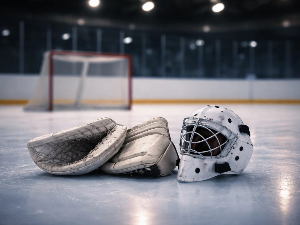 Hockey goaltender gloves and mask resting on ice in a quiet arena, symbolizing a Canadian hockey career