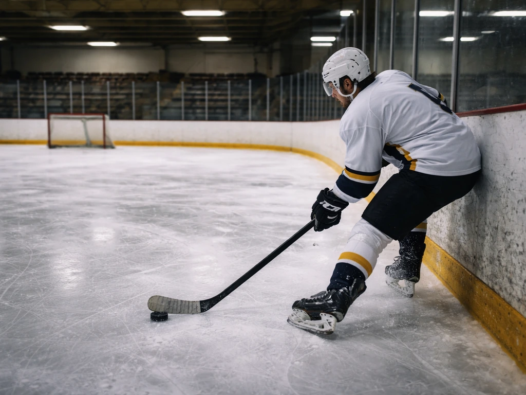 Ice hockey player in a dim rink during a break, symbolizing a hockey career path and earnings.