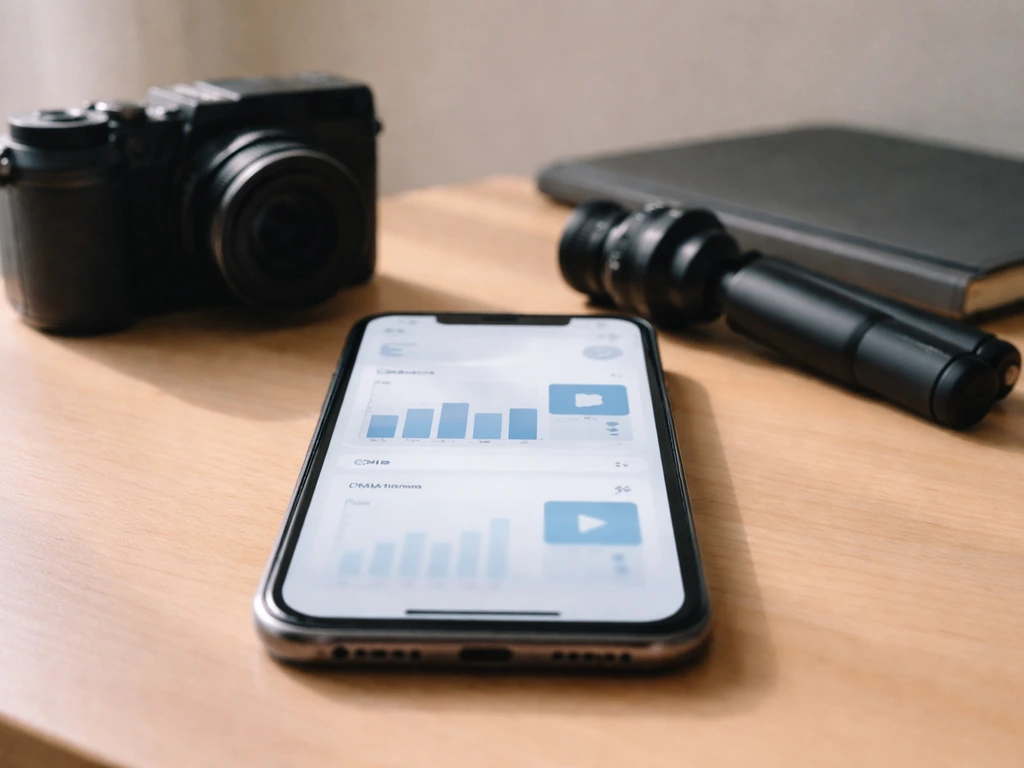 Close-up of a smartphone showing an anonymous creator analytics screen next to a YouTube-style camera rig