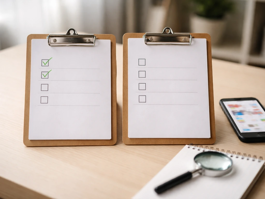 Minimal desk photo with two side-by-side checklists, magnifying glass, and phone for source verification.