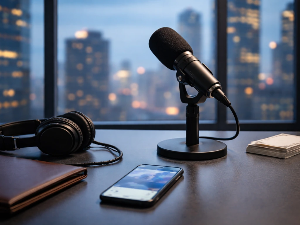 Minimal broadcast desk with microphone and blurred finance phone, city skyline through a window.