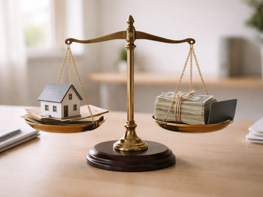 Balance scale with a small house and envelopes on one side, bills and a card on the other.