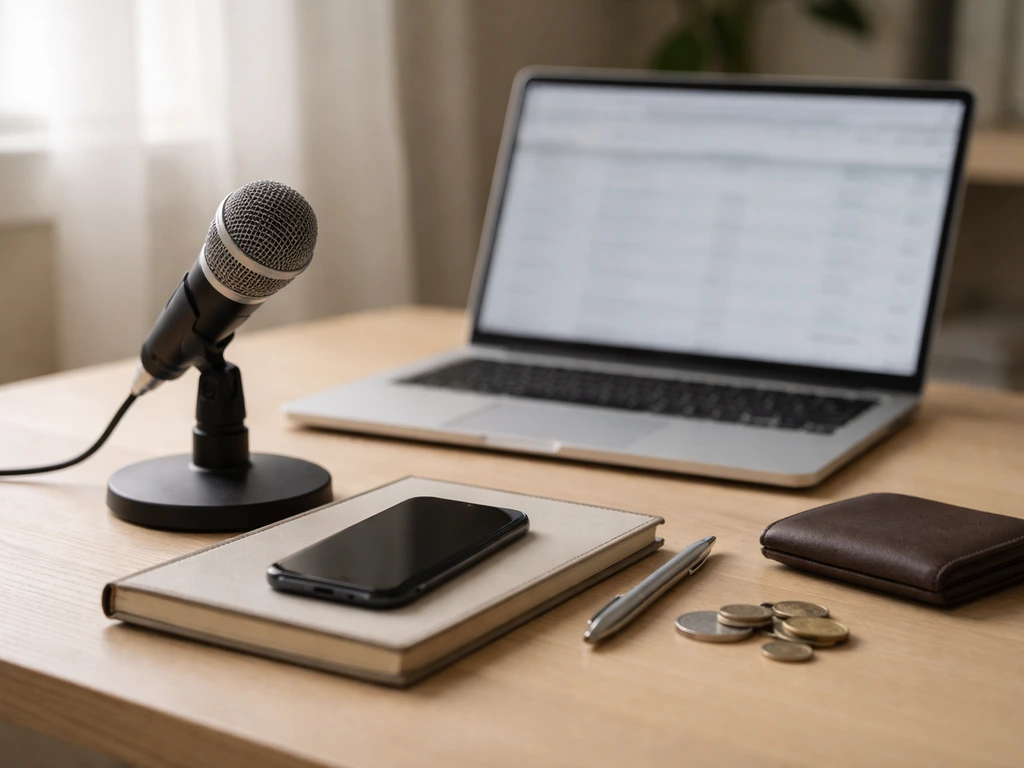 Minimal desk scene with a microphone and laptop, symbolizing income sources from media and finance work.