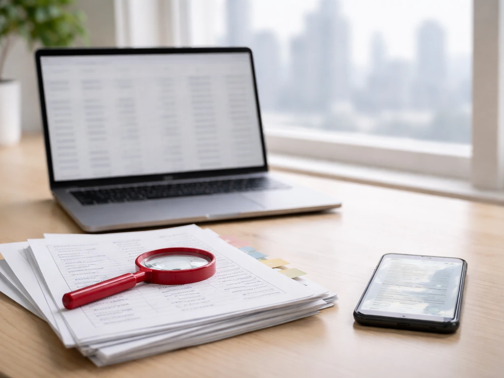 Desk with financial documents, laptop, and a magnifying glass suggesting net worth verification.