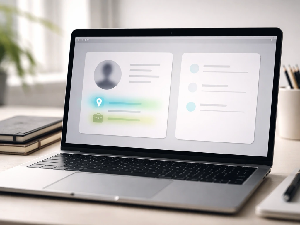 Laptop on desk showing blurred, non-identifiable LinkedIn-style profile and cross-check highlights.