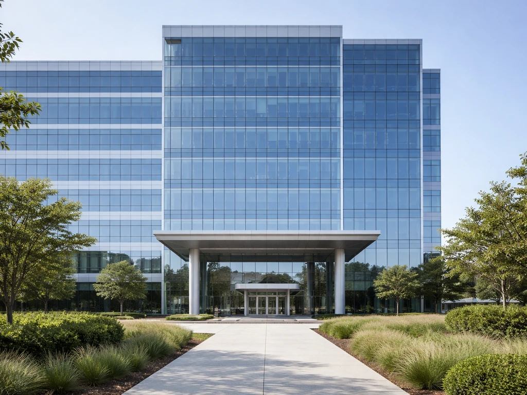 Exterior of a modern corporate office campus with glass buildings and an inviting entrance walkway