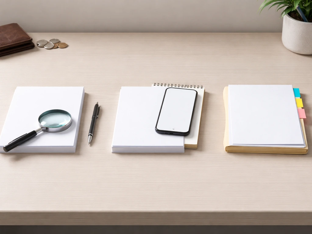 Clean desk with three stacks of blank pages and research tools, symbolizing different verification methods.