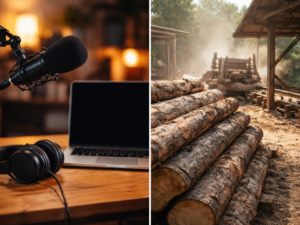 Minimal split-scene: media studio setting beside a rural sawmill worksite, symbolizing two different Tyler Riggs identit