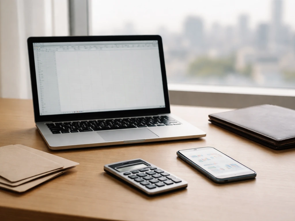 Minimal desk scene with laptop, calculator, and finance app on a phone, suggesting net worth estimation.