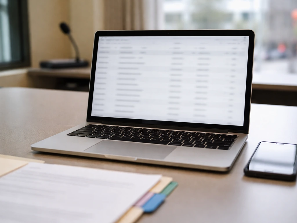 Minimal desk setup with laptop and phone, suggesting researching film credits for due diligence.