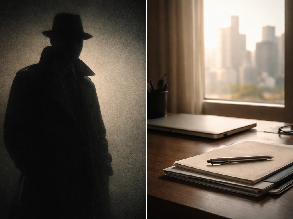 Minimal split scene with a shadowy crime-novel silhouette and a quiet corporate desk symbolizing net-worth analysis.