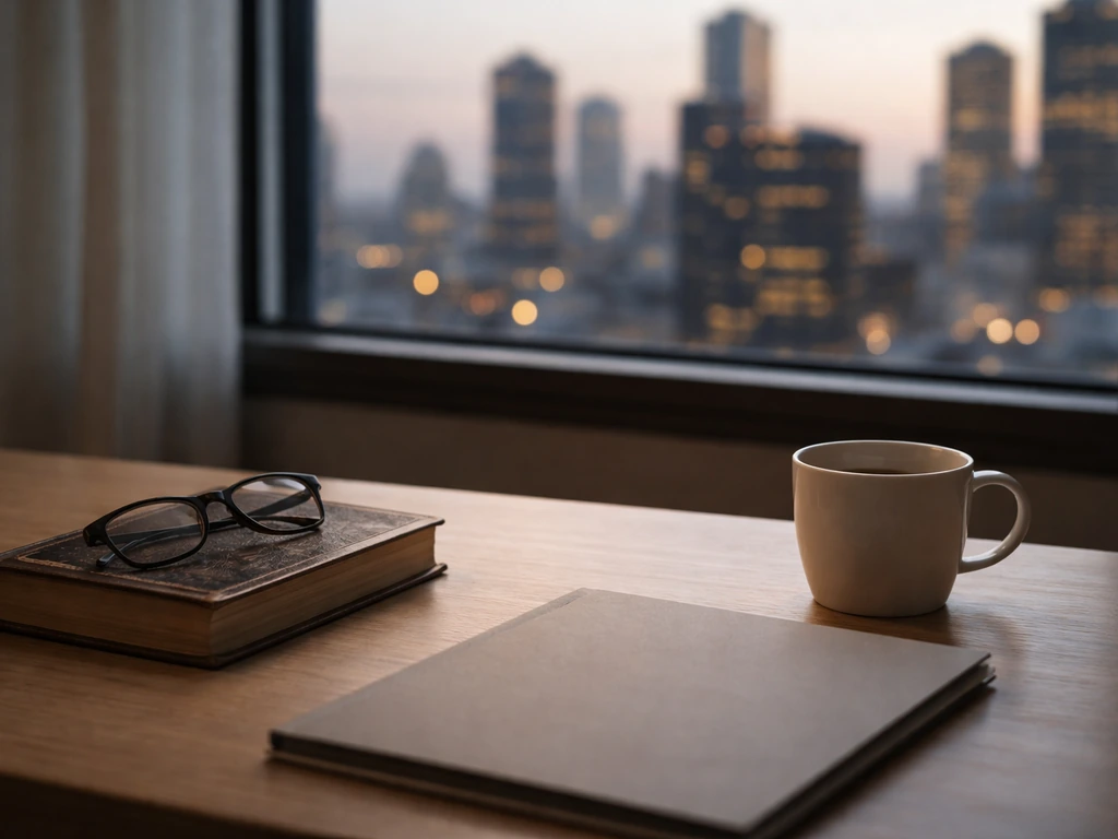 Empty study desk with unmarked crime novel and glasses, with a blurred city skyline suggesting two identities.