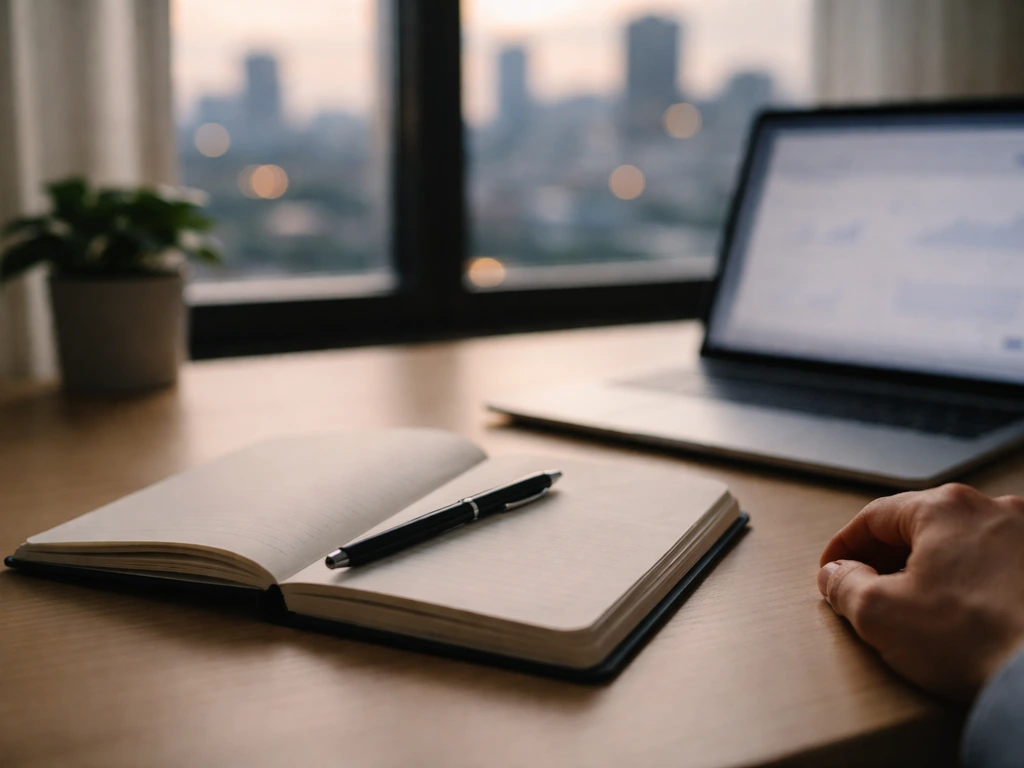 Minimal desk scene with notebook, pen, and laptop beside blurred city skyline, symbolizing public-signal net worth resea