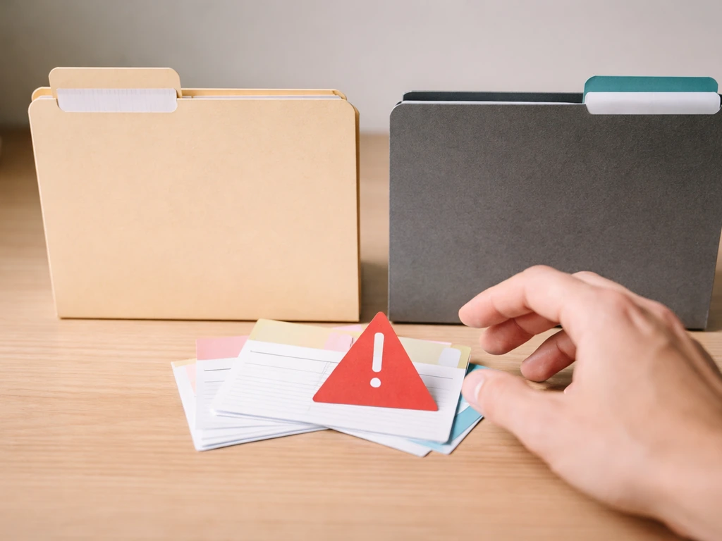 Close-up of two mismatched folders and blank warning marker on a desk, suggesting data mix-ups.