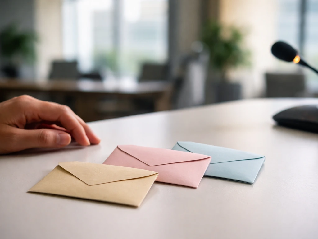 Hand near three plain envelopes on a desk, with a blurred office and a microphone in view.