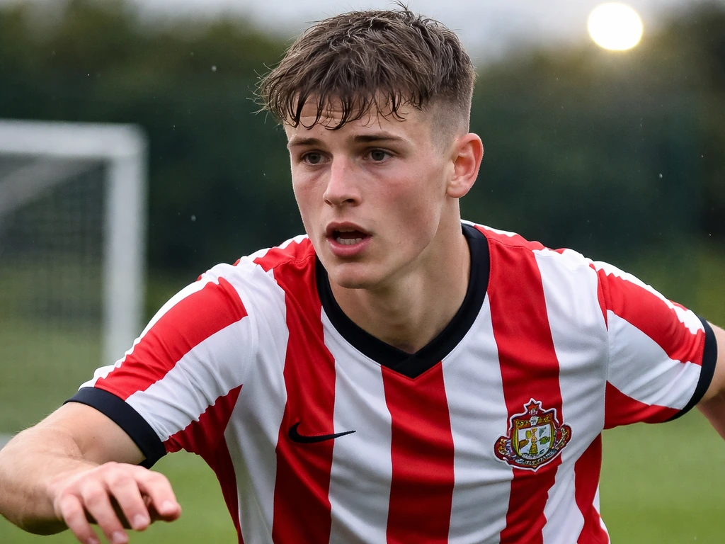Chris Rigg in a Sunderland kit during training, close-up action with blurred pitch background.