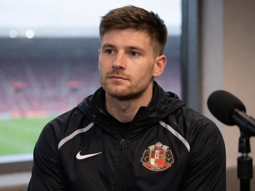Anonymous footballer in a studio interview setting with Sunderland colors and a broadcast microphone nearby.