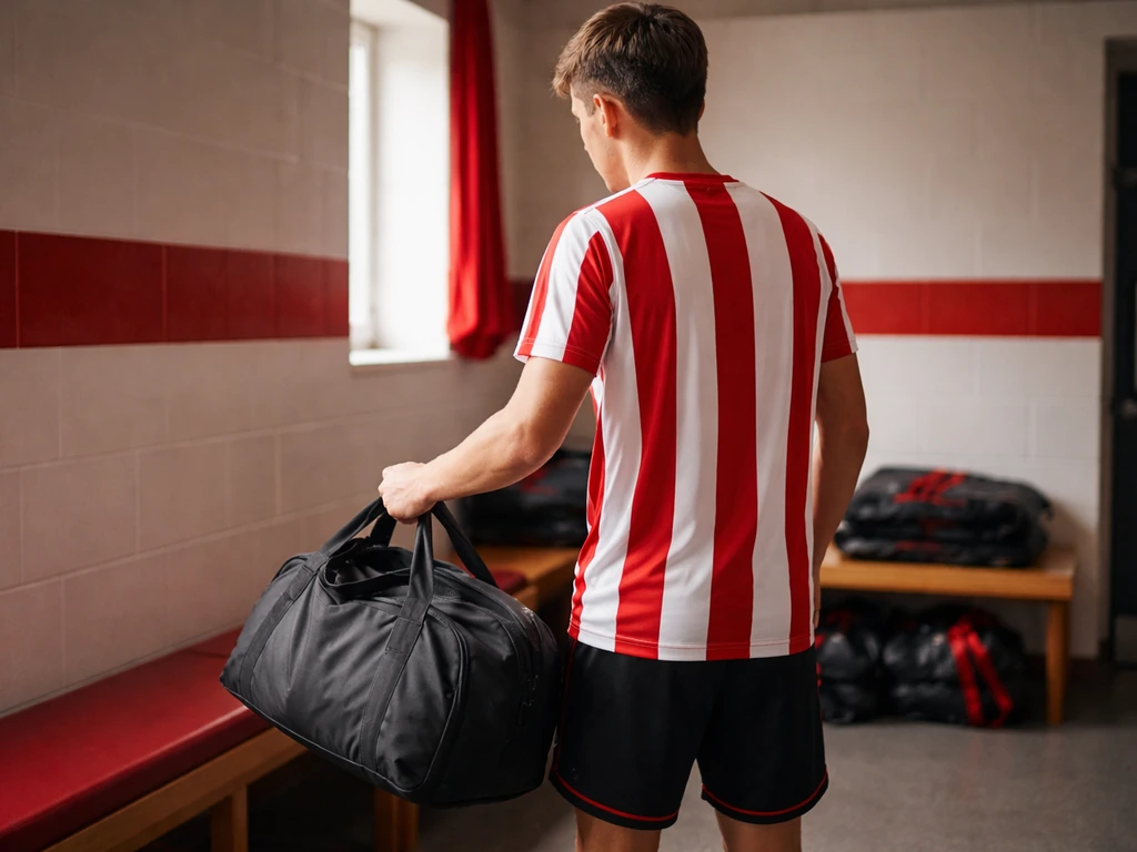Anonymous young footballer in Sunderland-themed training gear by a quiet locker-room bench with kit bags.