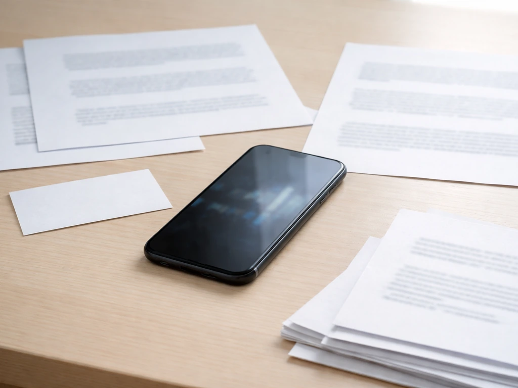 Minimal collage-style photo showing a business desk with papers and a smartphone reflecting unclear money details