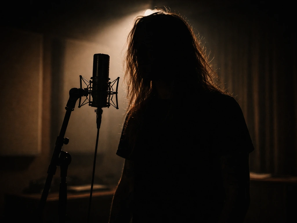 Music industry figure silhouette near a studio microphone, moody lighting suggesting heavy metal fame.