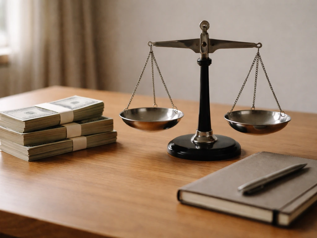 Minimal photo of a small scale and cash envelopes on a desk, symbolizing a money range and influencing factors