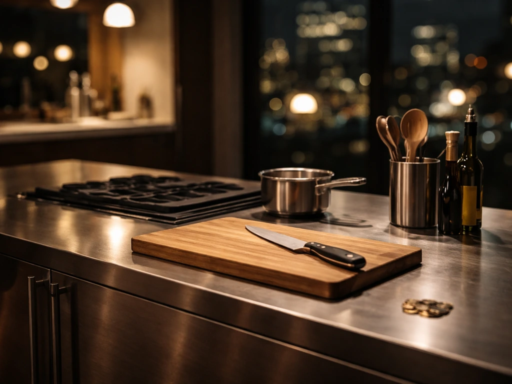 Empty upscale island kitchen counter with chef tools and a subtle financial-themed mood lighting