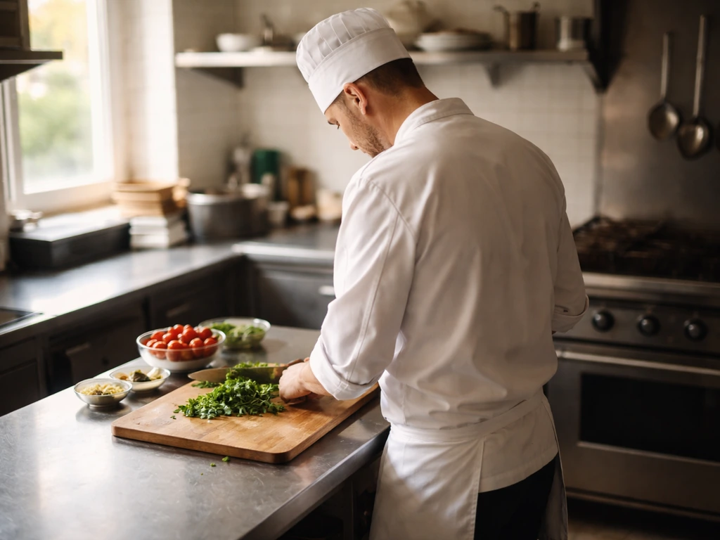 Anonymous chef in a simple restaurant kitchen with a cutting board and fresh herbs on a prep counter.
