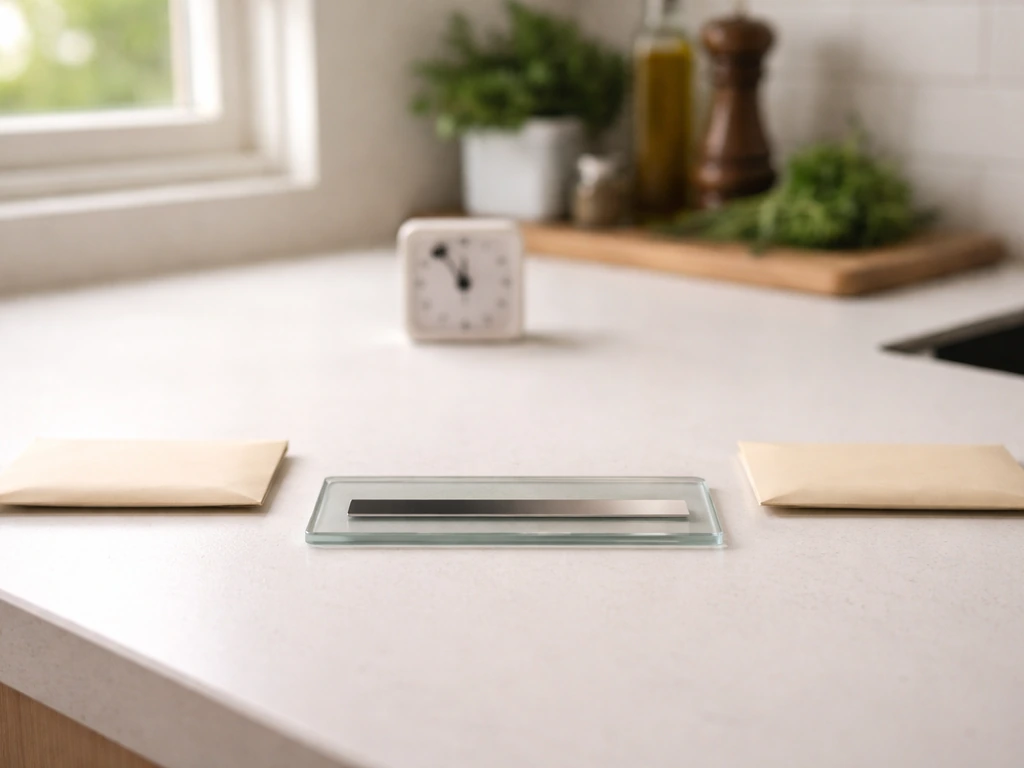Minimal chef counter with symbolic low-to-high money range using unlabeled envelopes and a metallic gradient bar
